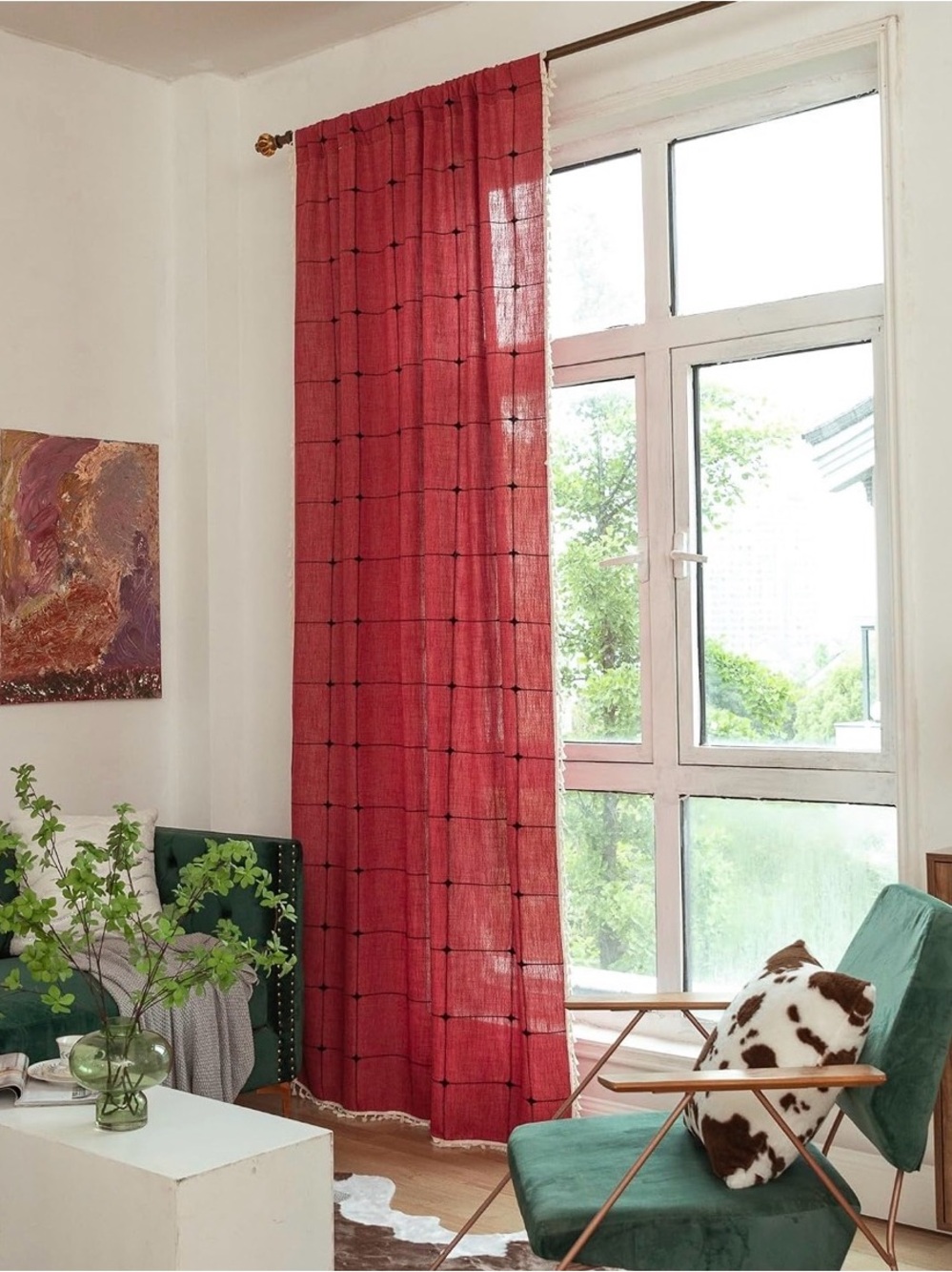 Linen Boho Curtains Red Checkered Plaid Tassels Bohemian Farmhouse Semi Blackout